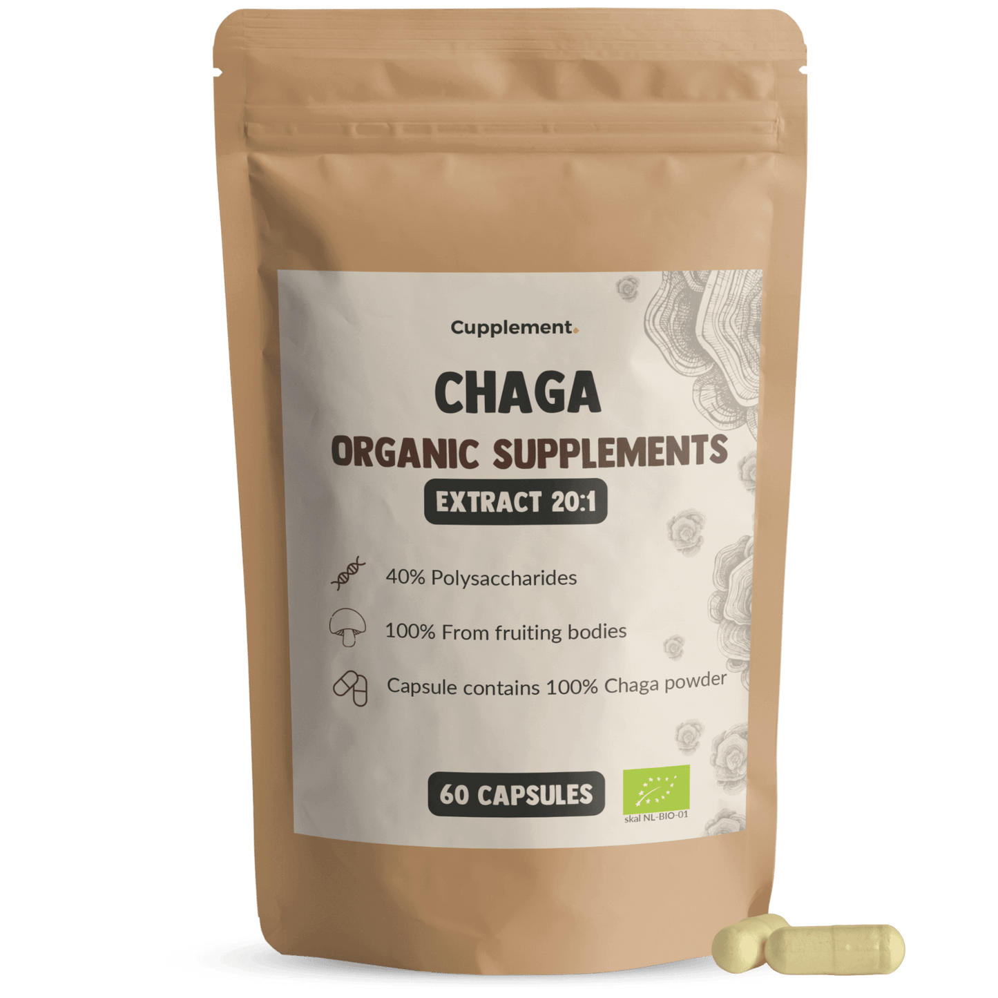 Chaga mushroom extract capsules organic packshot front