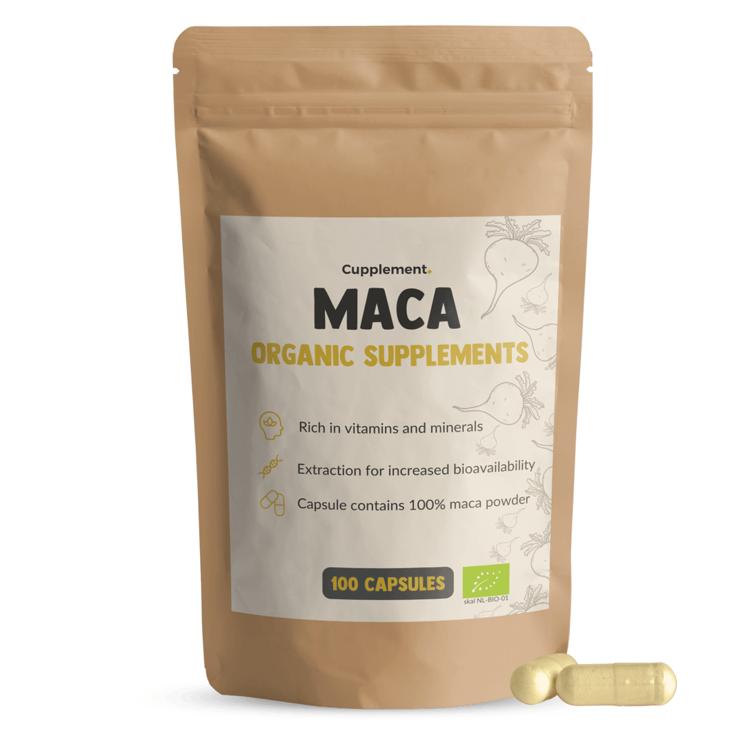 Maca powder capsules organic packshot front