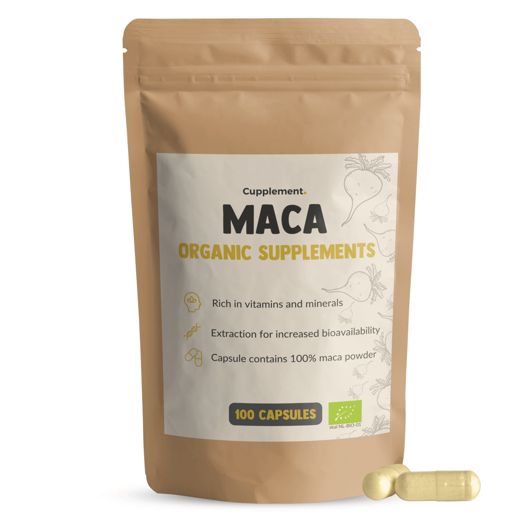 Maca powder capsules organic packshot front